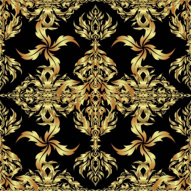 Tasarım için vektör süsleme ögeleri. Geleneksel çiçek dekoru. Davetiyeler, tebrik kartları, ambalajlar için süs desenleri. Siyah bir arkaplanda dekoratif altın pürüzsüz desen.