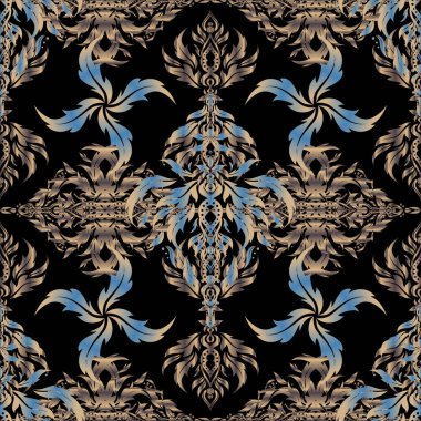 Oriental soyut vektör klasik kalıbı. Siyah arkaplanda mavi, bej ve gri tekrarlayan elementlere sahip klasik dikişsiz desen.