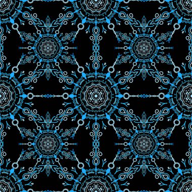 Tasarım, tekstil ya da kumaş için mavi renklerde vektörsüz çiçek deseni. Vektör illüstrasyonu.