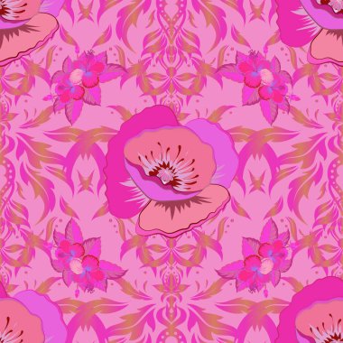 Pembe, kırmızı ve morumsu renklerde klasik dikişsiz desen. El yazısı vektör haşhaş çiçekleri, pullar, anahtarlar.