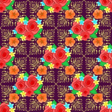 Dekorasyon için kusursuz bir desen. Eski tarz gül çiçekleri olan zarif bir desen. Altın desenli moda baskılar, zarif gül çiçekleri, yeşil yapraklar. Turuncu, mor ve sarı renkler.