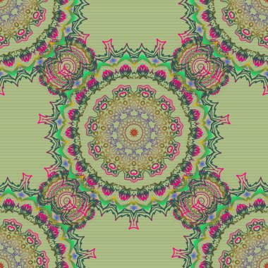 Soyut kozmosun kusursuz deseni yeşil, mavi ve sarı renklerde. Eski tarz. Stok vektör illüstrasyonu.