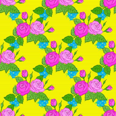 Vektör gül çiçekleri ve yeşil yapraklar pürüzsüz desen. Sarı arka planda kusursuz çiçek deseni.