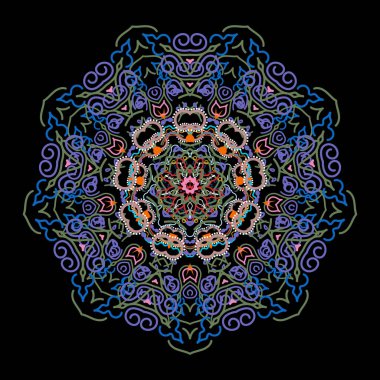 Vektör çizimi. Kusursuz damaske deseni. Mavi, pembe ve turuncu renkli Victoria dönemi arkaplanı..