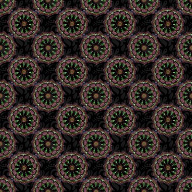 Eski Fas, Arap ve Türk süslemelerini taşıyın. Siyah arkaplanda pürüzsüz yeşil ve kahverengi vintage desen.