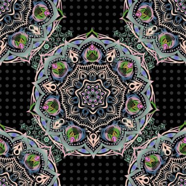 Siyah arkaplanda mavi ve yeşil renkli parlak süsler, pürüzsüz desenler, soyut şekiller. Vektör illüstrasyonu.