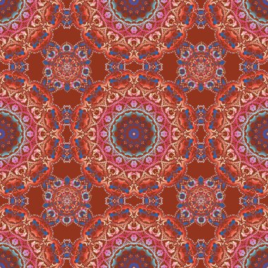 Vektör çizimi. Tasarım, tekstil veya kumaş için kahverengi, mor ve mavi renklerde vektörsüz desen.