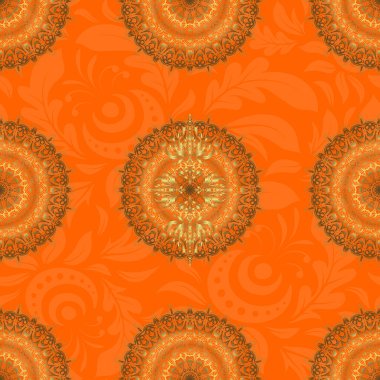 Turuncu bir zemin üzerinde altın dairesel mandala, yıldızlar ve kar taneleri bulunan geleneksel süs arkaplanının vektörsüz deseni.