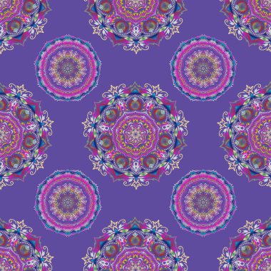 Sorunlu damasküler desensiz arka plan fayansları. Mavi, sarı ve gri renklerde kusursuz bir süs..