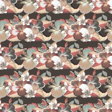 Poster, broşür ve sunum için en iyi yaratıcı tasarım. Vektör kusursuz desen. Aloha Hawaii, Luau Party davetiyesi, bej, kahverengi ve pembe çiçekli. Aloha Tişört Tasarımı.