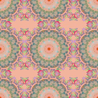 Vektör çizimi. Bej arkaplanda çok renkli parlak bir süs, damaske desensiz, soyut şekiller.