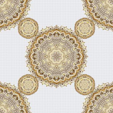 Şekillendirilmiş altın yıldızlar, kar taneleri ve ızgaralar. Etnik Hint folkloru. Gri ve altın süslemeleri, geometrik Fas dikişsiz desenli vektör soyut yama arkaplanı.