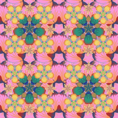 Oriental vektör klasik şablon. Turuncu, pembe ve sarı tekrarlayan elementlerle kusursuz soyut desen.