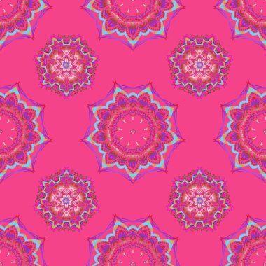 Kusursuz damaske deseni. Pembe ve mavi renklerde Victoria dönemi desenli klasik süslemeler. Vektör illüstrasyonu.