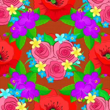Kusursuz çiçek deseni, turuncu, kırmızı ve yeşil yapraklı küçük soyut güller, klasik tarzda vektör illüstrasyonu..
