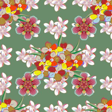 Soyut vektör arkaplanı. Çiçekler açan ve yeşil arka planda yaprakları olan çiçeksiz desenler. Çiçekli şık duvar kağıtları.