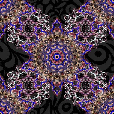 Kart, davetiye, düğün, ambalaj kağıdı için el çizimi vektör deseni. Pembe ve mavi parıltılı çizgilerin kusursuz deseni, zigzag sembolü, dalgalı şerit, siyah üzerine dikişsiz desen çizgileri..