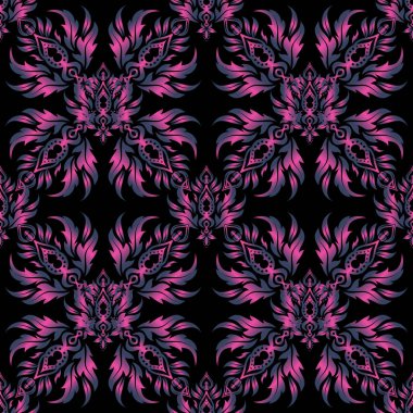 Doğu tarzında klasik mavi ve pembe elementler. Siyah arka planda geleneksel Arapça dekor. Duvar kağıdı için dekoratif illüstrasyon. Karmaşık süslemeli kusursuz vektör deseni.