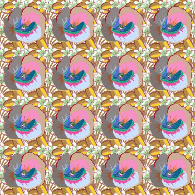 Küçük basit bej ve pembe çiçeklerin çok renkli süslemesi, kumaş veya tekstil tasarımı için soyut ve pürüzsüz desen.