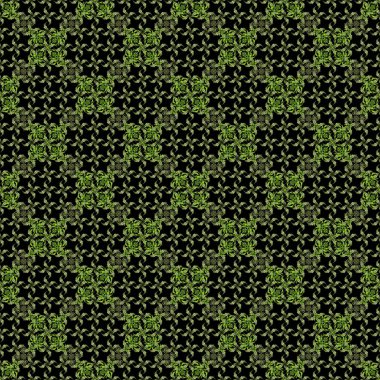 Kusursuz bir süs. Siyah zemin üzerinde sarı ve yeşil tekrarlayan elementlerle modern geometrik kusursuz desen.