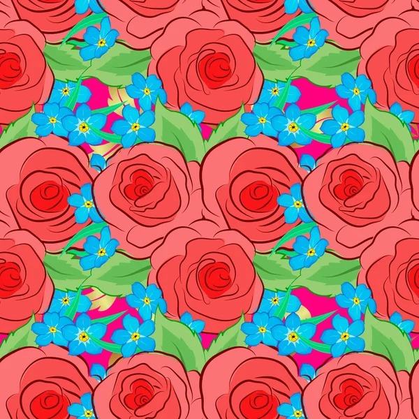 Patrón Sin Costuras Con Flores Rosas Decorativas Verano Hojas Verdes — Vector de stock