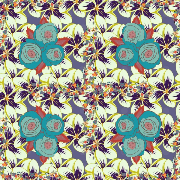 Ethnic Floral Seamless Pattern Blue Yellow Violet Colors Decorative Rose — Stock Vector