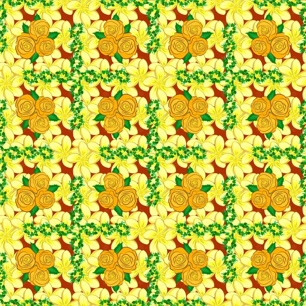Rastr Bezešvé Pozadí Vzor Stylizované Kypré Květy Listy Zelených Oranžových — Stockový vektor