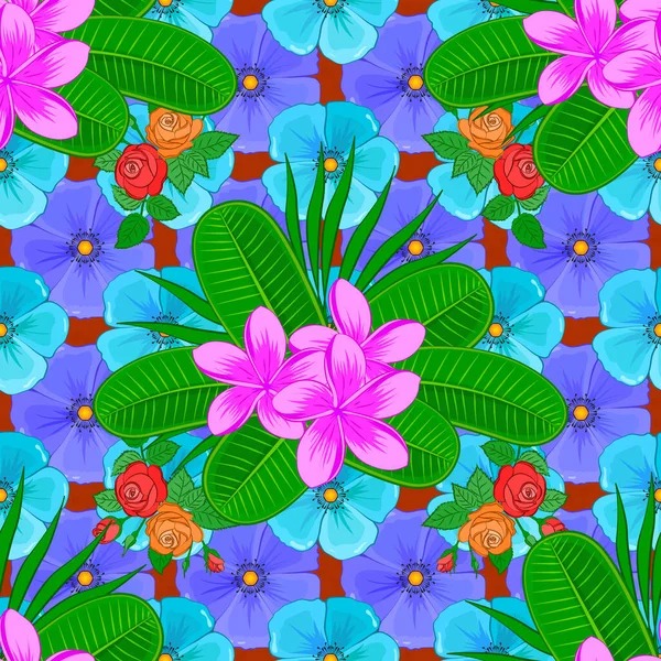 Симпатичный Векторный Цветочный Фон Плюмерия Цветы Бесшовный Узор Фиолетовый Зеленый — стоковый вектор