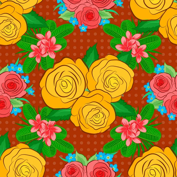 Vektorillustration Nahtloses Muster Mit Niedlichen Rosenblüten Und Grünen Blättern Gelben — Stockvektor