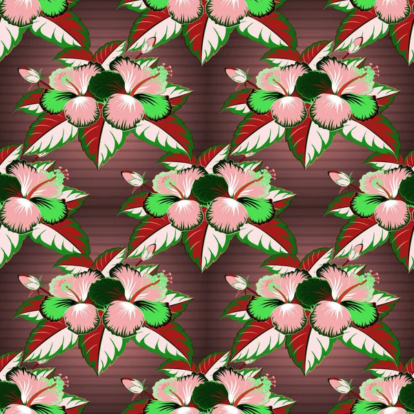 Brown Verde Vermelho Hibiscus Fundo Sem Costura Aloha Hawaiian Vetor — Vetor de Stock