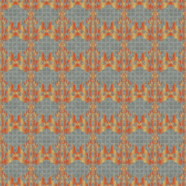 Ikat Дамаск Бесшовный Шаблон Плитки Фона Серых Оранжевых Цветах — стоковый вектор