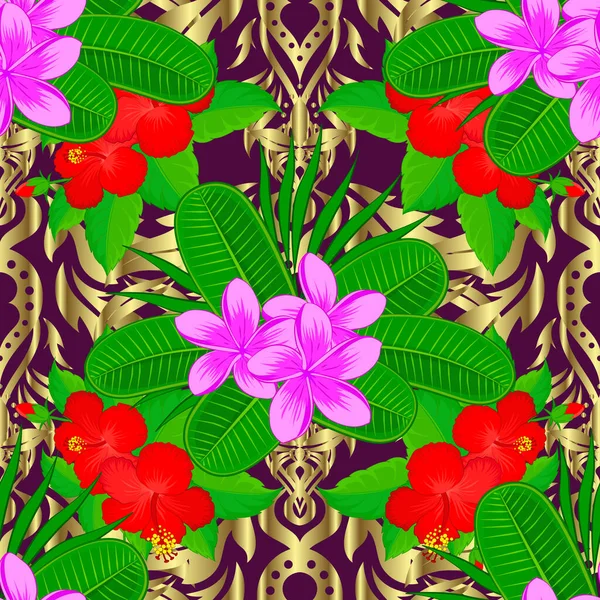 Plumeria Λουλούδια Χωρίς Ραφή Μοτίβο Κόκκινο Πράσινο Και Μοβ Χρώματα — Διανυσματικό Αρχείο