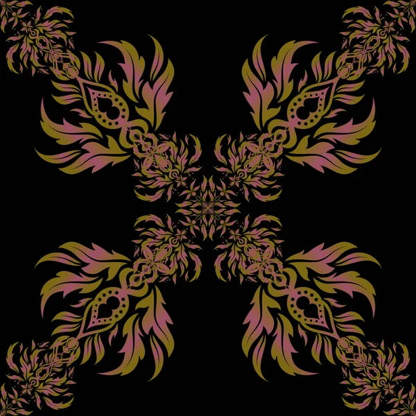 Vektorillustration Braune Und Rosa Glänzende Ornamente Auf Schwarzem Hintergrund Damastmuster — Stockvektor