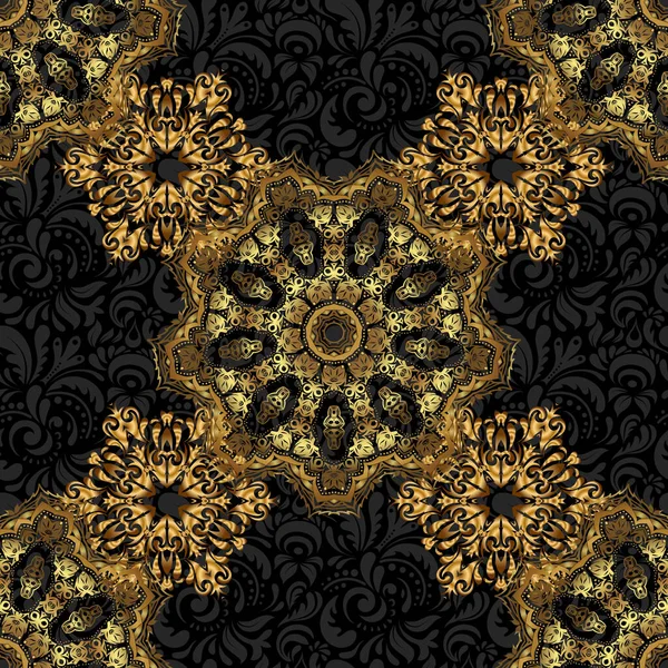 曼陀罗用金属元素 矢量金梯度无缝纹理 在黑色背景上有精美的光亮度矢量模板 现实的 抽象的 金黄无缝图案 — 图库矢量图片