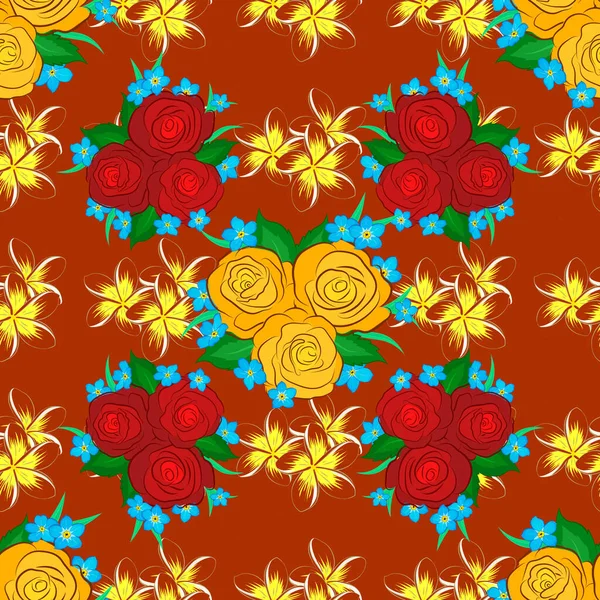 Векторная Иллюстрация Этнические Цветочные Бесшовные Узоры Желтом Красном Оранжевом Цветах — стоковый вектор