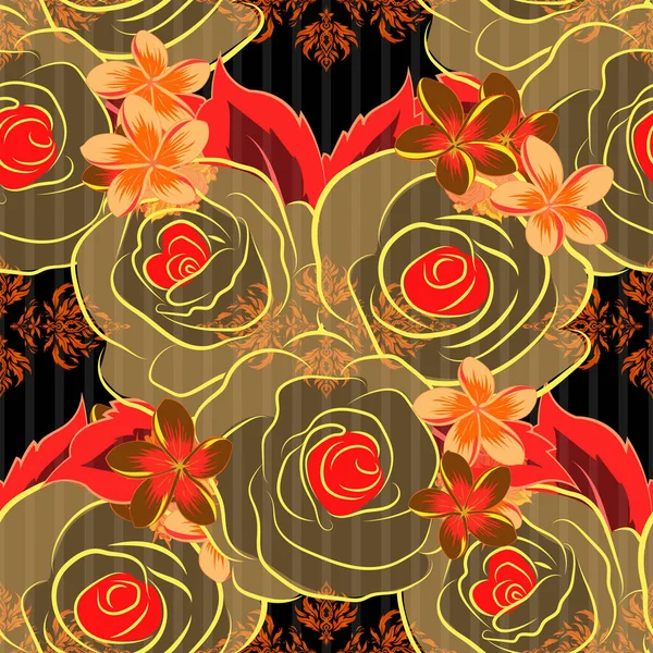Vintage Λουλούδι Αδιάλειπτη Μοτίβο Κίτρινα Πορτοκαλί Και Κόκκινα Τριαντάφυλλα Λουλούδια — Διανυσματικό Αρχείο