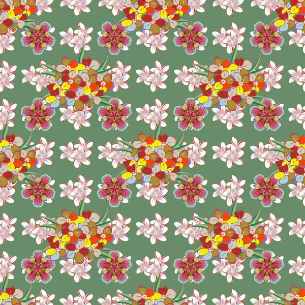 花とスタイリッシュな壁紙 抽象的なラスターの背景 花と緑の背景に葉を咲かせる花のシームレスなパターン — ストックベクタ