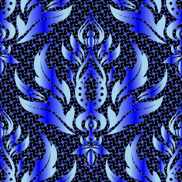 Vector Seamless Pattern Traditional Ornamental Background Blue Circular Mandala Stars — Stock Vector
