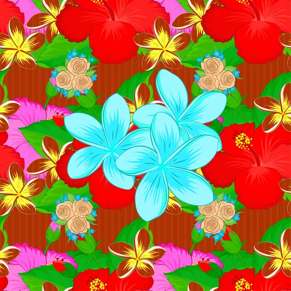 Patrón Sin Costura Vectorial Con Flores Hojas Plumeria Colores Azul — Vector de stock