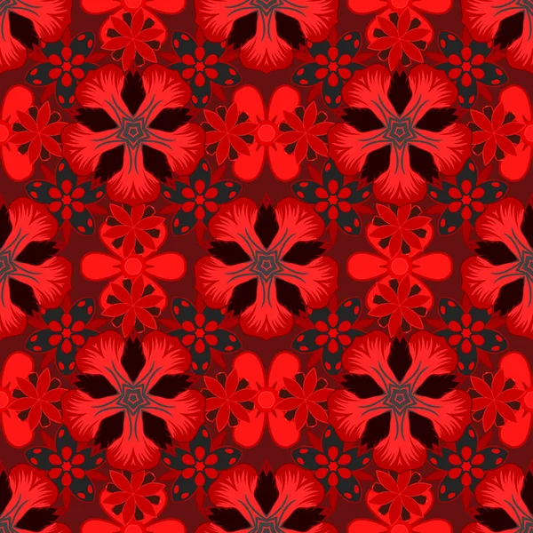 Ornement Floral Abstrait Noir Rouge Motif Vectoriel Sans Couture Éléments — Image vectorielle