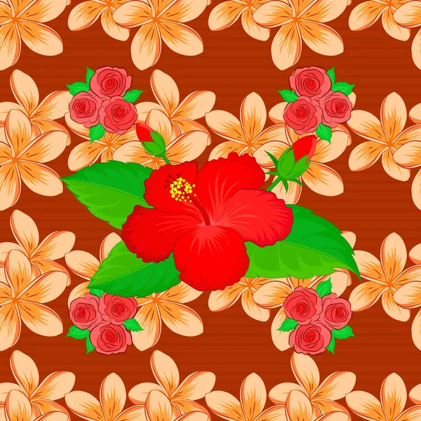 Patrón Floral Sin Costuras Con Flores Hibisco Rojo Naranja Beige — Archivo Imágenes Vectoriales