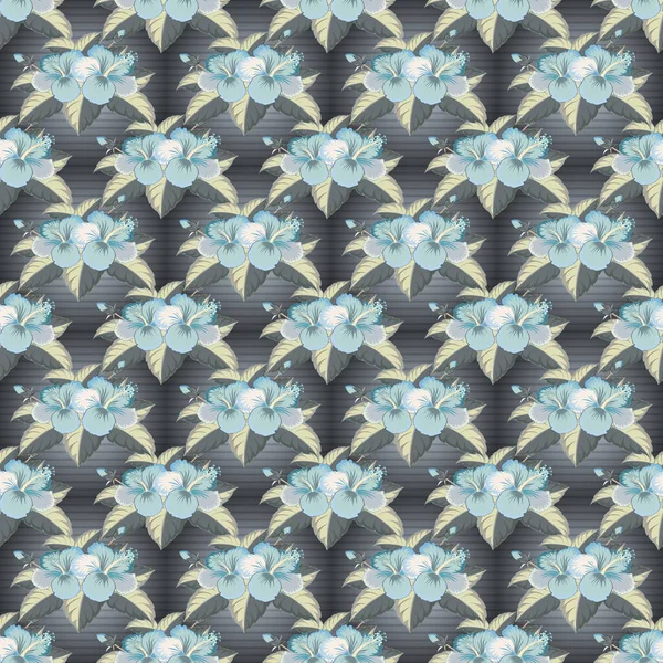 Peinture Vectorielle Dessinée Main Fleurs Hibiscus Vert Bleu Gris Modèle — Image vectorielle