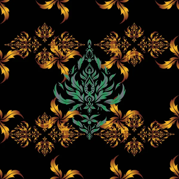 Ročník Zelené Žluté Bezešvé Vzor Abstraktní Ornament Brokát Textilní Vzor — Stockový vektor
