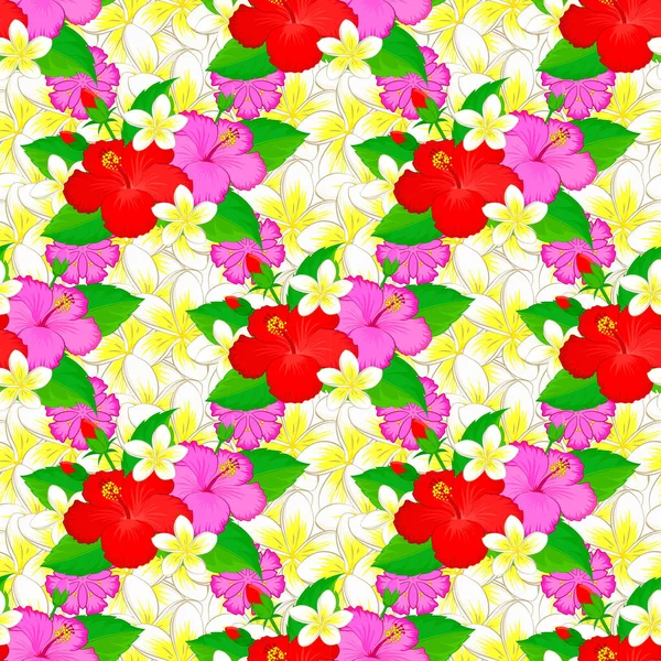 Seamless Floral Pattern Hibiscus Flowers Leaves Background — Stock Vector