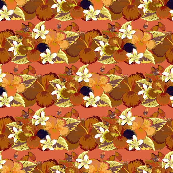 Vector Seamless Pattern Tropical Hibiscus Flowers Brown Orange Yellow Colors — Stock Vector