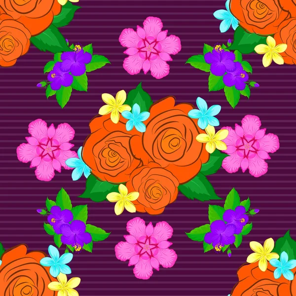 抽象的なスタイルの緑 紫とオレンジのバラと緑の葉 ベクトルパターンとシームレスな花のパターン — ストックベクタ