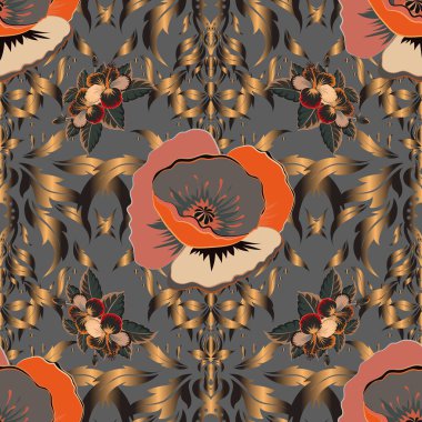 Vektör çizimi. Dekoratif gelincik çiçekleri ve kahverengi, gri ve turuncu yapraklarla kusursuz arkaplan deseni.