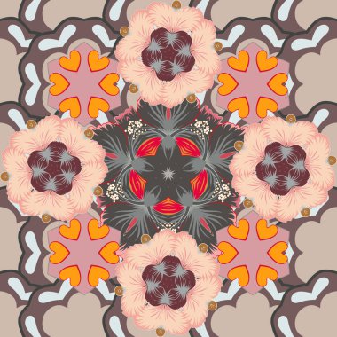 Kumaş baskısı, hatıra defteri, hediye paketi için. Kahverengi, bej ve pembe renklerde vektörsüz vintage desen.