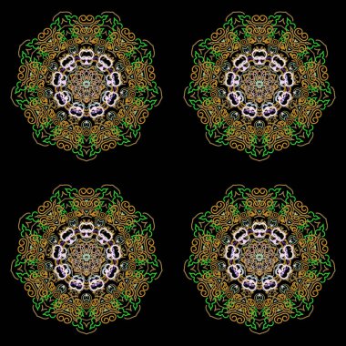 Siyah arka planda sarı ve pembe renkli süslemeler. Damaske tarzında vektör mandala, klasik duvar kağıdı, arkaplan.