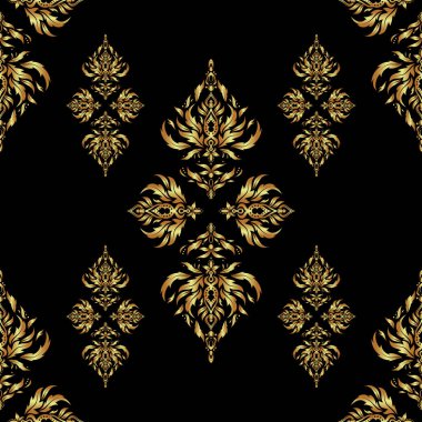 Duvar kağıtları, davetiyeler, ambalajlar için lüks süsler. Vektör çizimi. Siyah bir arkaplanda kraliyet altın rengi kusursuz desen.
